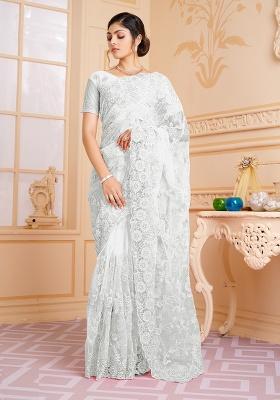 White Embroidery NET Saree