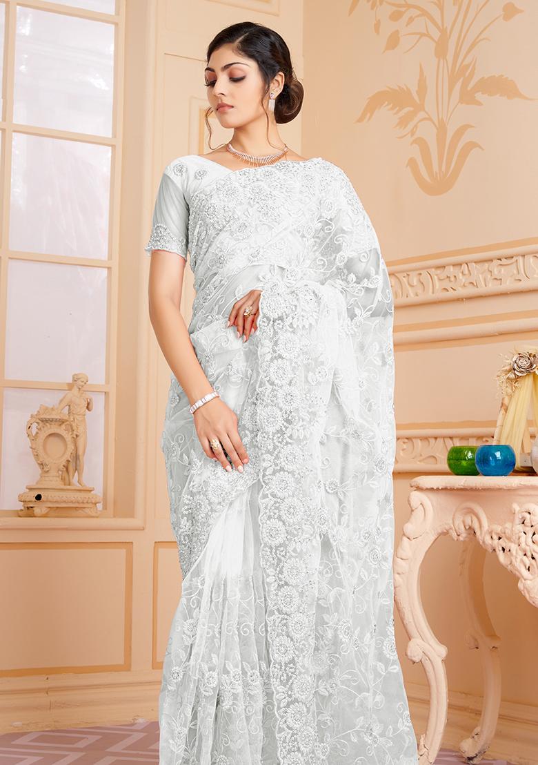 White Embroidery NET Saree - Indya