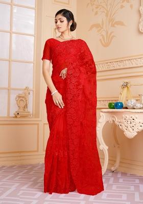 Red Embroidery NET Saree