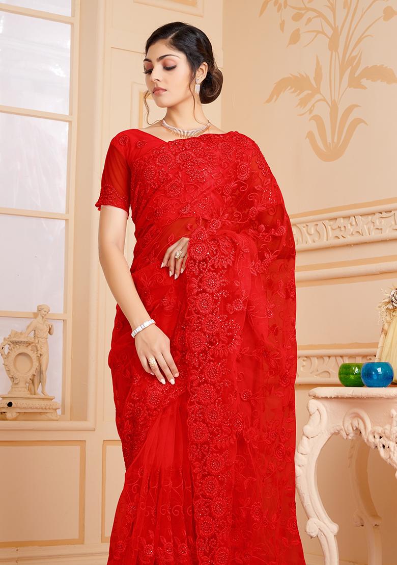 Red Embroidery NET Saree - Indya