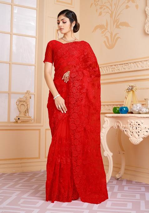 Red Embroidery NET Saree