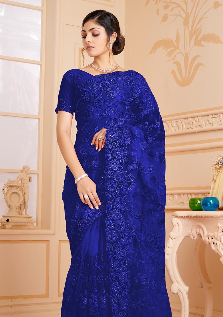 Navy Blue Embroidery NET Saree - Indya