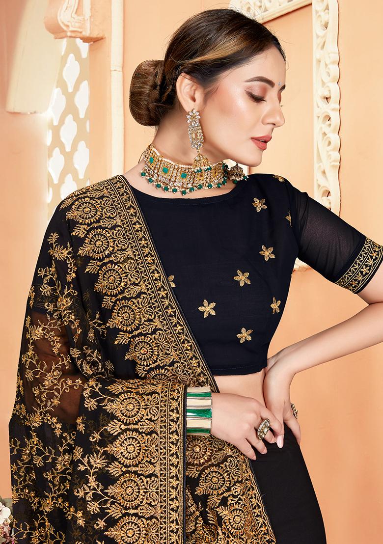 Black Embroidery Georgette Saree - Indya