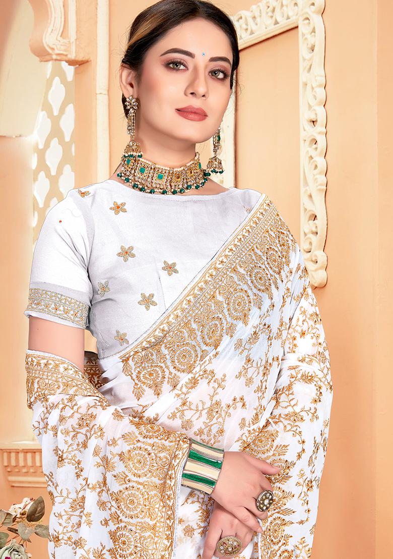White Embroidery Georgette Saree - Indya