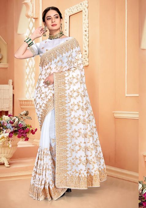 White Embroidery Georgette Saree