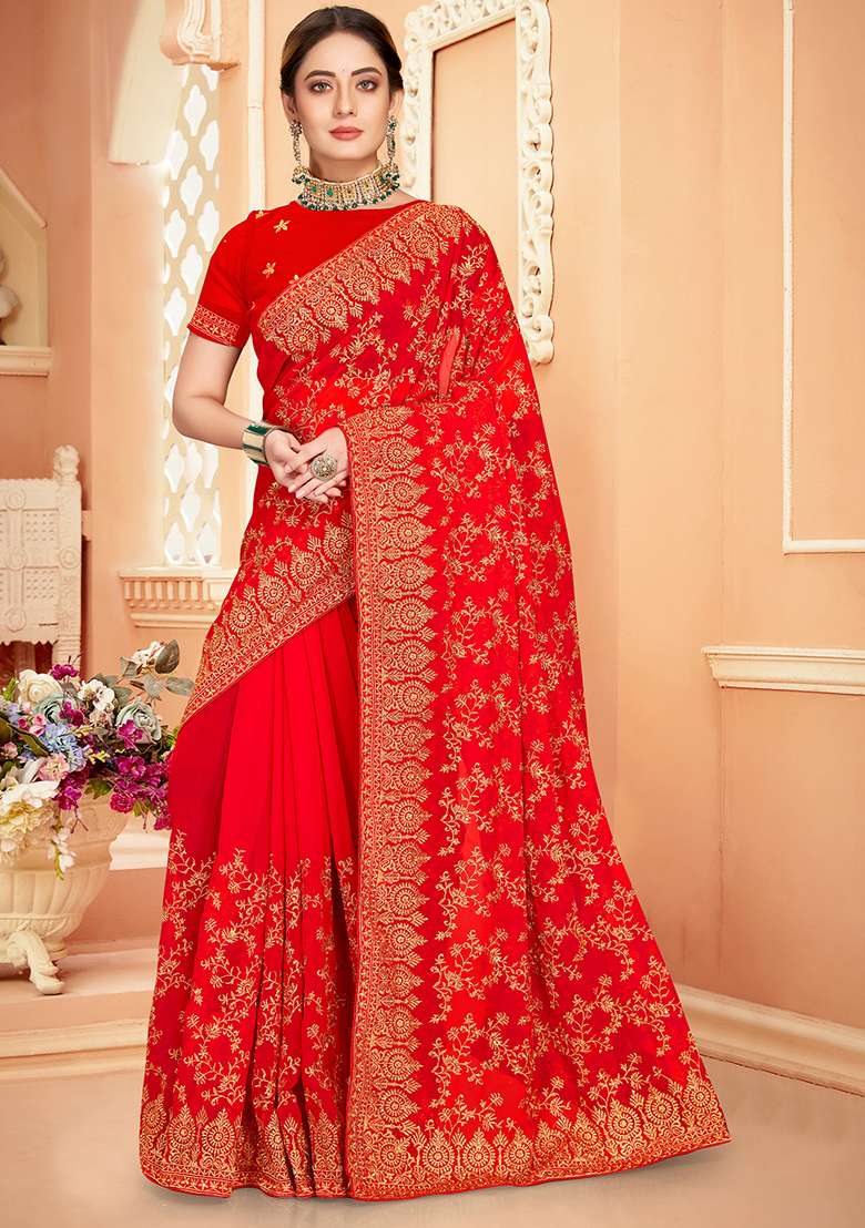 Red Embroidery Georgette Saree for Diwali and Festive Wear - Indya