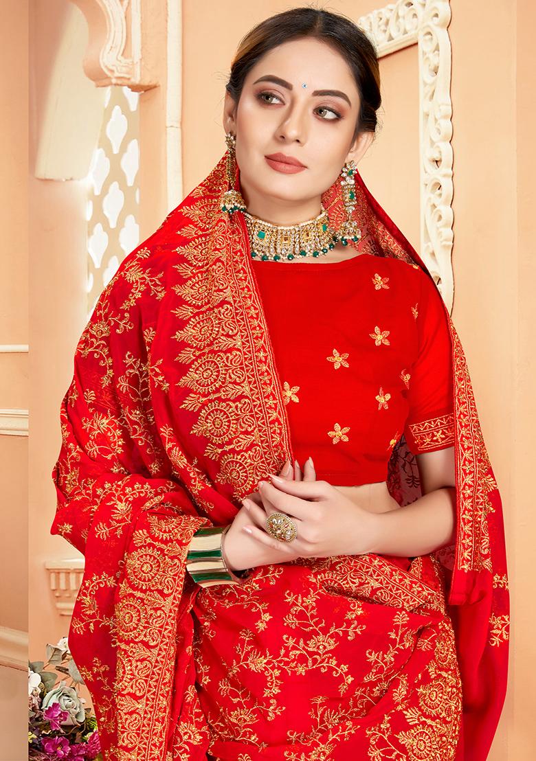 Red Embroidery Georgette Saree - Indya