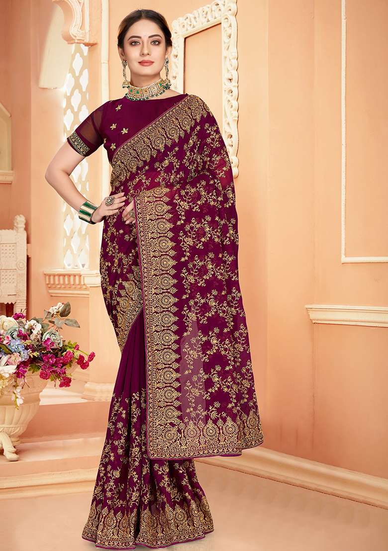 Wine Georgette Saree with Embroidery for Diwali | Wedding & Festive Wear - Indya
