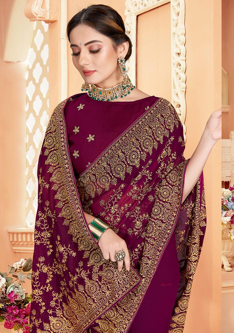 Wine Embroidery Georgette Saree - Indya
