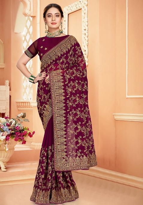 Wine Embroidery Georgette Saree