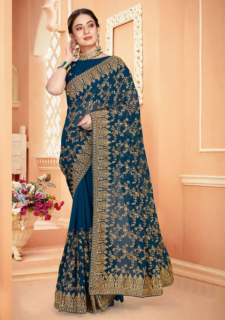 Morpeach Georgette Saree with Embroidery for Diwali | Wedding & Festive Wear - Indya