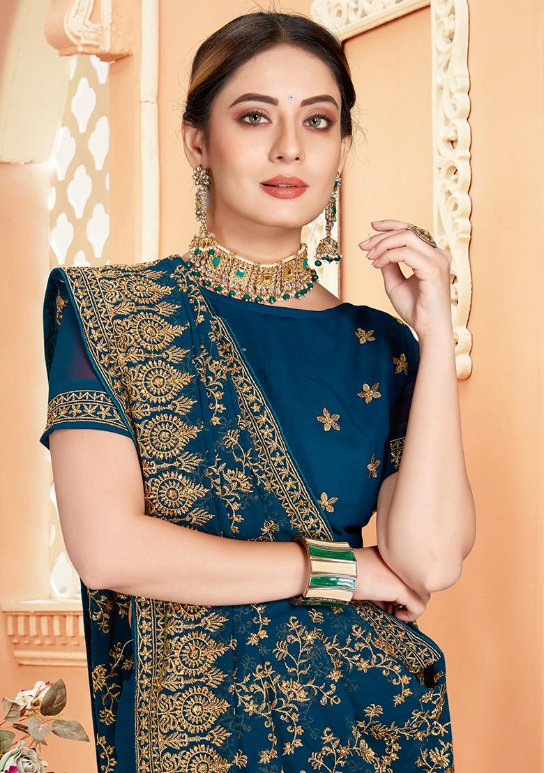 Morpeach Embroidery Georgette Saree - Indya