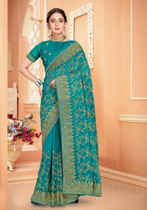 Rama Embroidery Georgette Saree