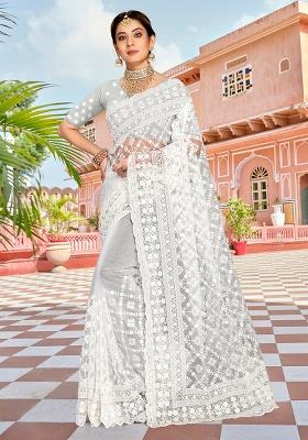 White Embroidery NET Saree