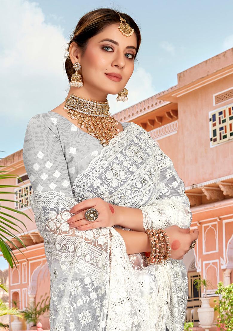 White Embroidery NET Saree - Indya