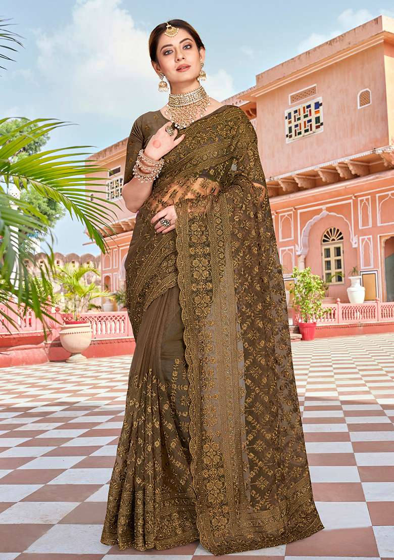Mehendi NET Saree with Embroidery for Diwali | Wedding & Festive Wear - Indya