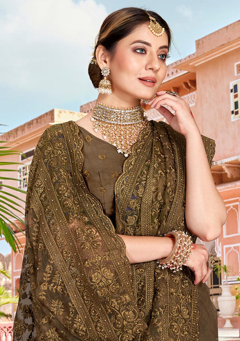 Mehendi Embroidery NET Saree - Indya