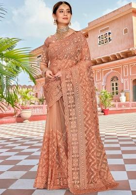 Peach Embroidery NET Saree
