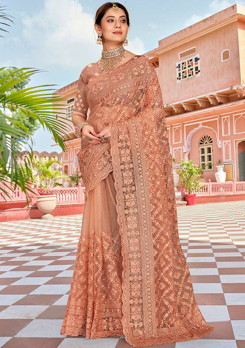 Peach NET Saree with Embroidery for Diwali | Wedding & Festive Wear - Indya