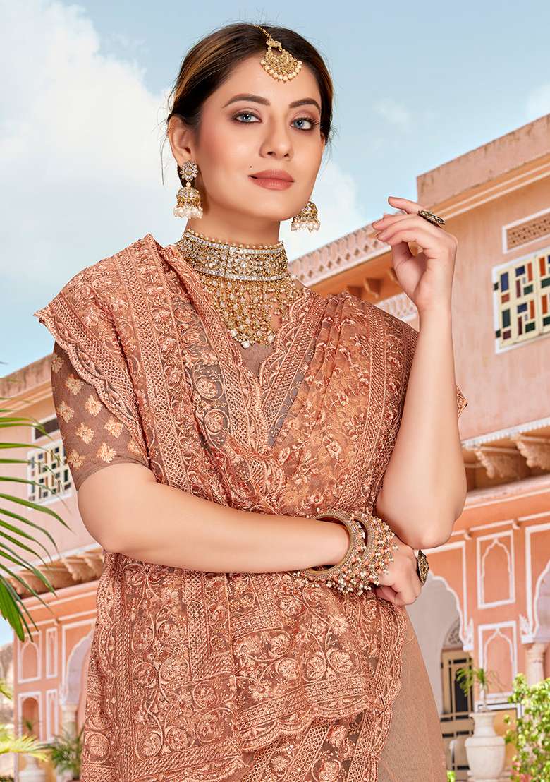 Peach NET Saree with Embroidery for Diwali | Wedding & Festive Wear - Indya