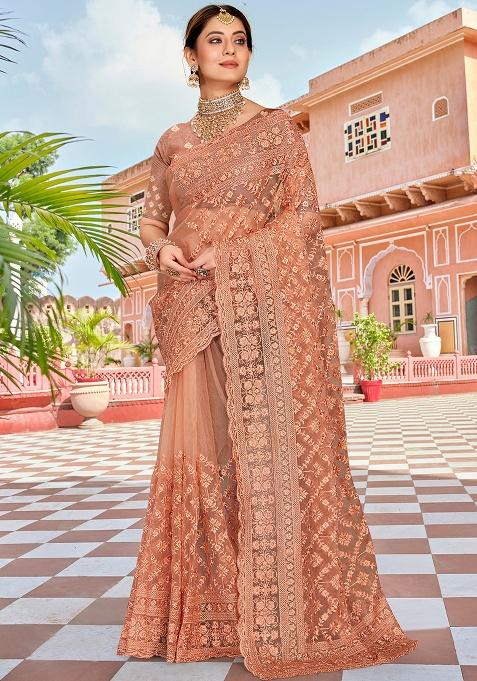 Peach Embroidery NET Saree