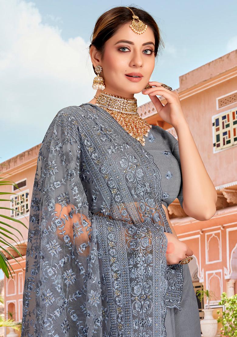 Grey Embroidery NET Saree - Indya