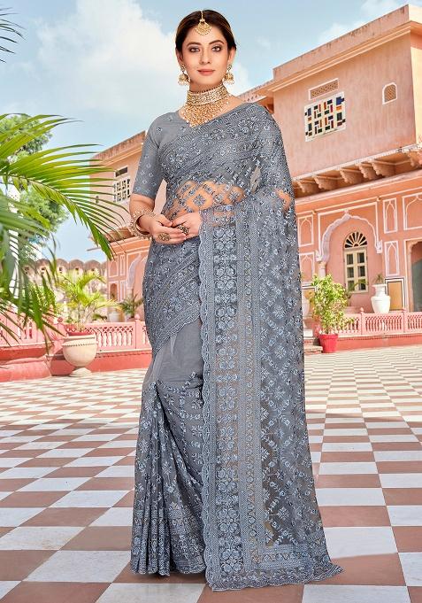 Grey Embroidery NET Saree