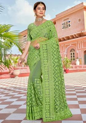 Pista Embroidery NET Saree
