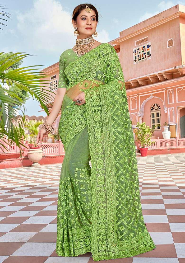 Pista Embroidery NET Saree for Diwali and Festive Wear - Indya