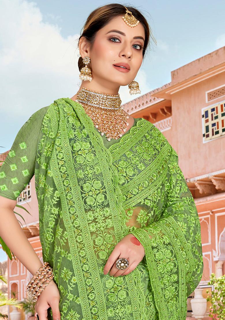 Pista Embroidery NET Saree - Indya