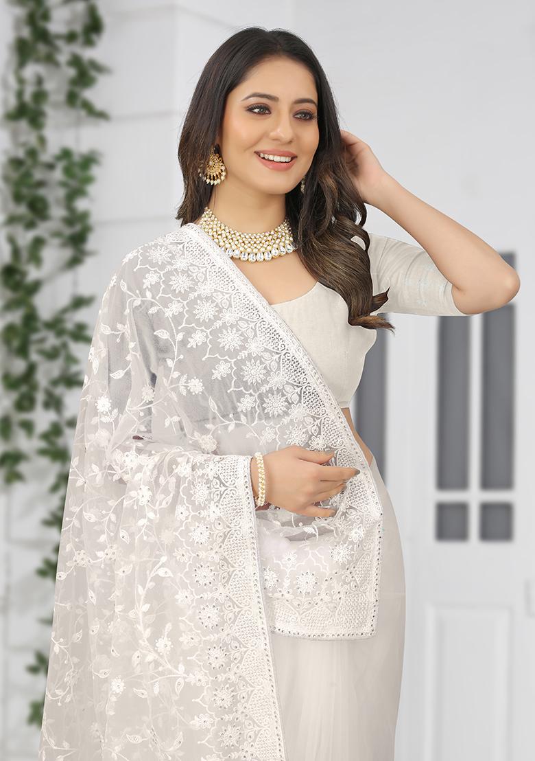White Embroidery NET Saree - Indya