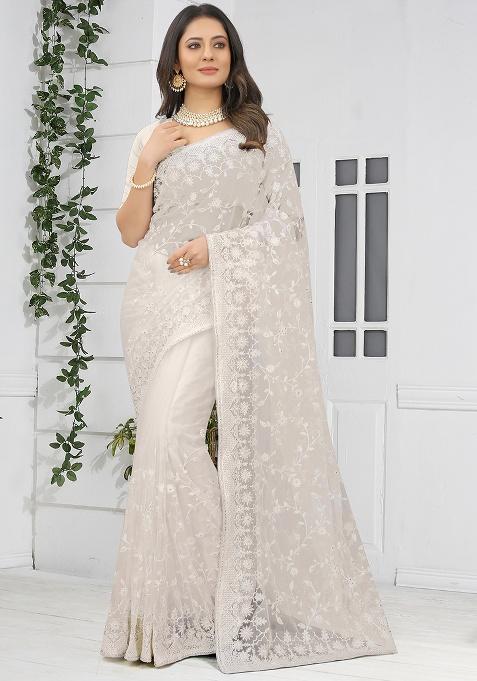 White Embroidery NET Saree