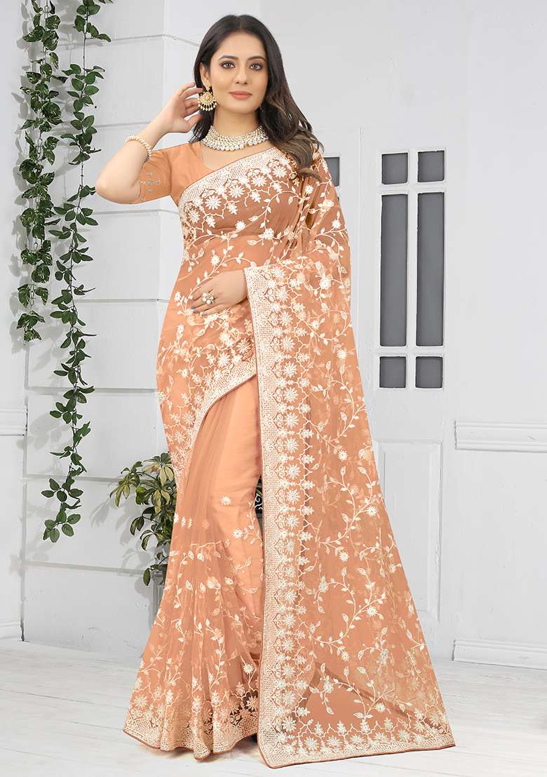 Dusty Peach NET Saree with Embroidery for Diwali | Wedding & Festive Wear - Indya