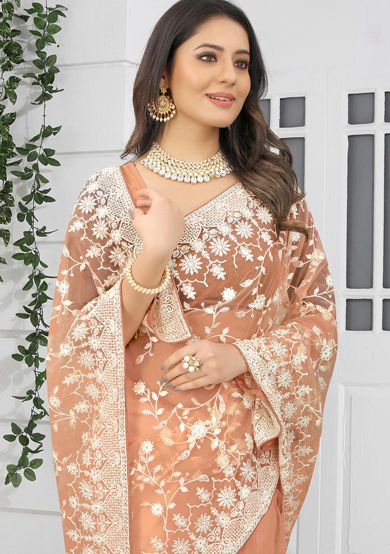 Dusty Peach Embroidery NET Saree - Indya