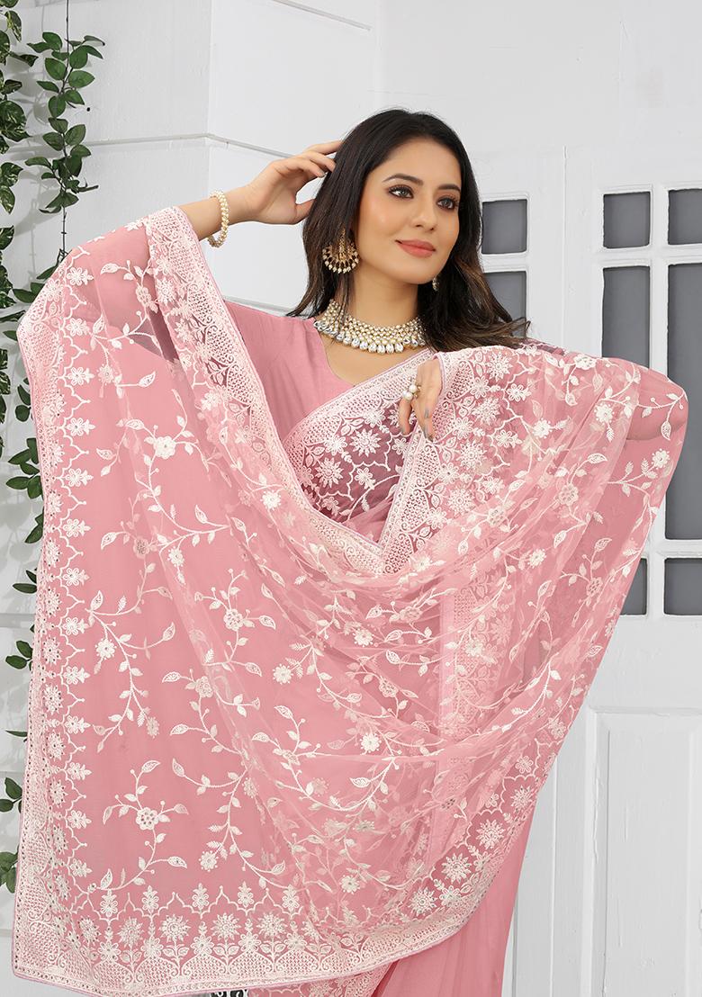 Dusty Pink Embroidery NET Saree - Indya