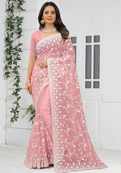 Dusty Pink Embroidery NET Saree