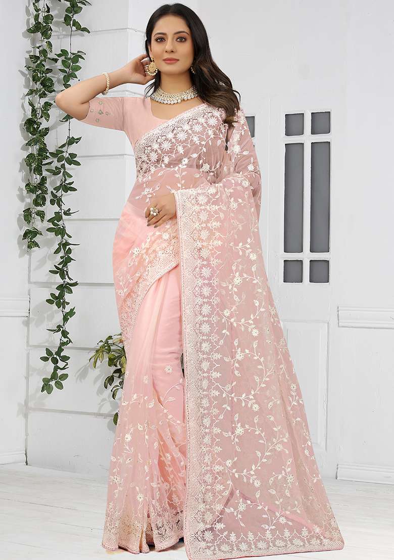 Light Peach Embroidery NET Saree for Diwali and Festive Wear - Indya