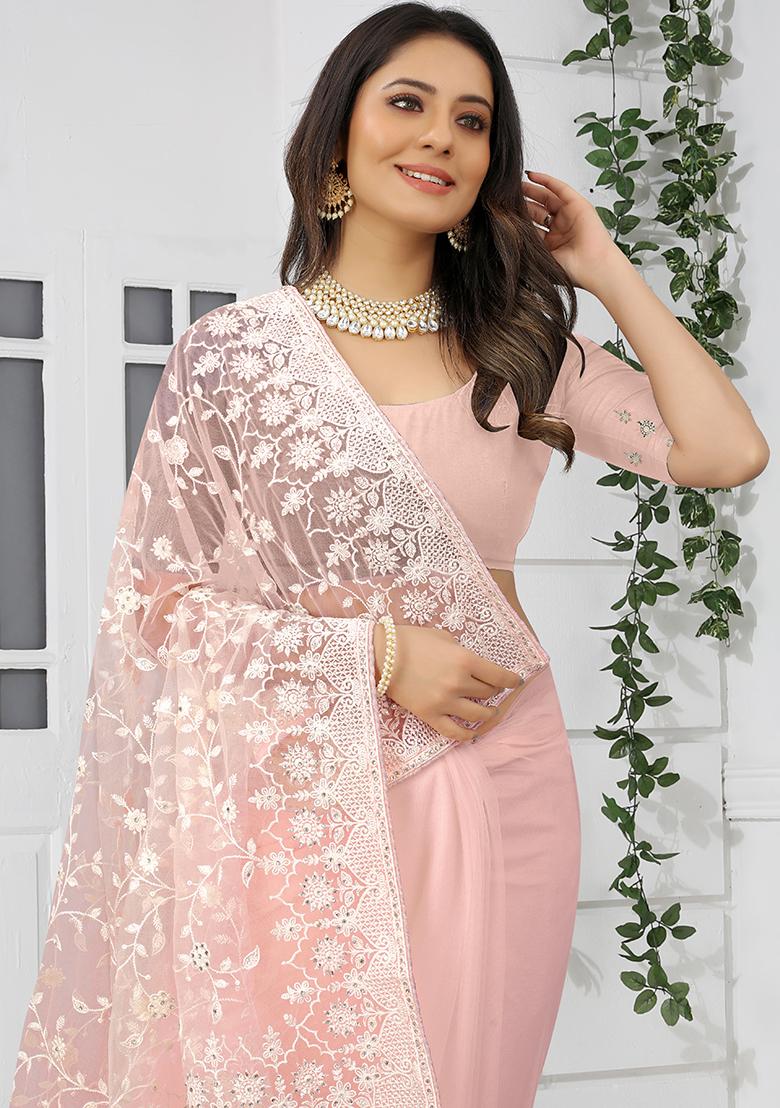 Light Peach Embroidery NET Saree - Indya