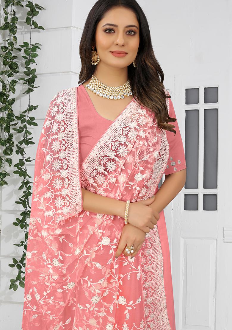 Dusty Gajari Embroidery NET Saree - Indya