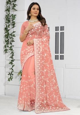 Dusty Orange Embroidery NET Saree