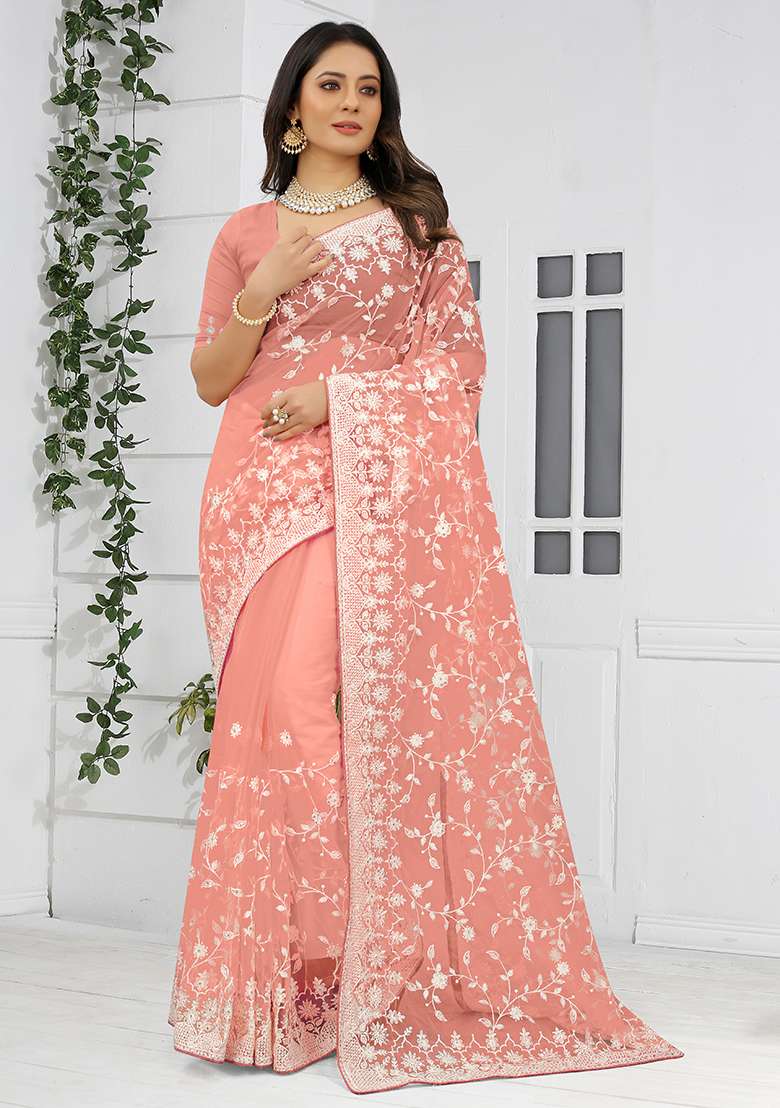 Dusty Orange Embroidery NET Saree for Diwali and Festive Wear - Indya