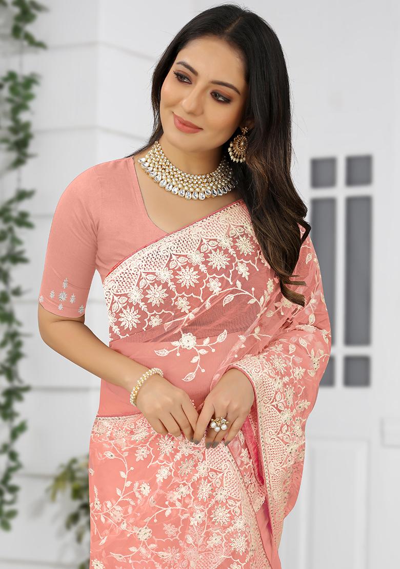 Dusty Orange Embroidery NET Saree - Indya