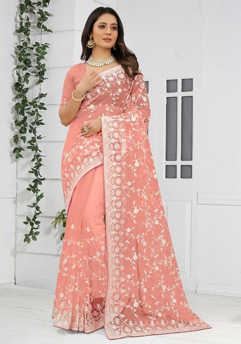 Dusty Orange Embroidery NET Saree