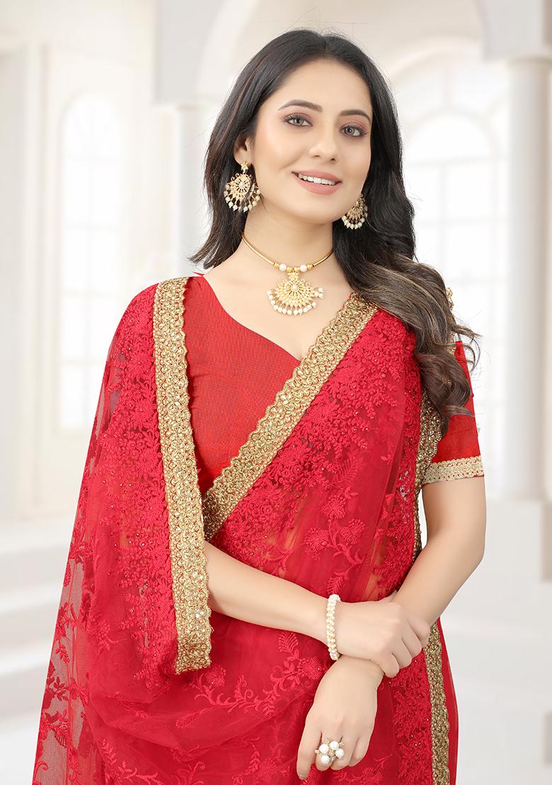 Red Embroidery NET Saree - Indya