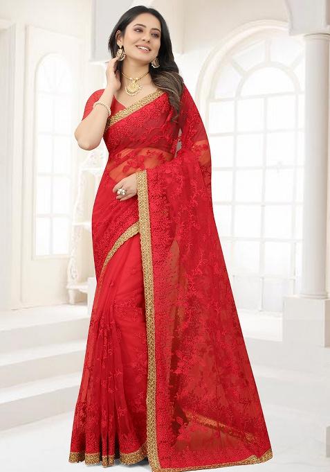 Red Embroidery NET Saree