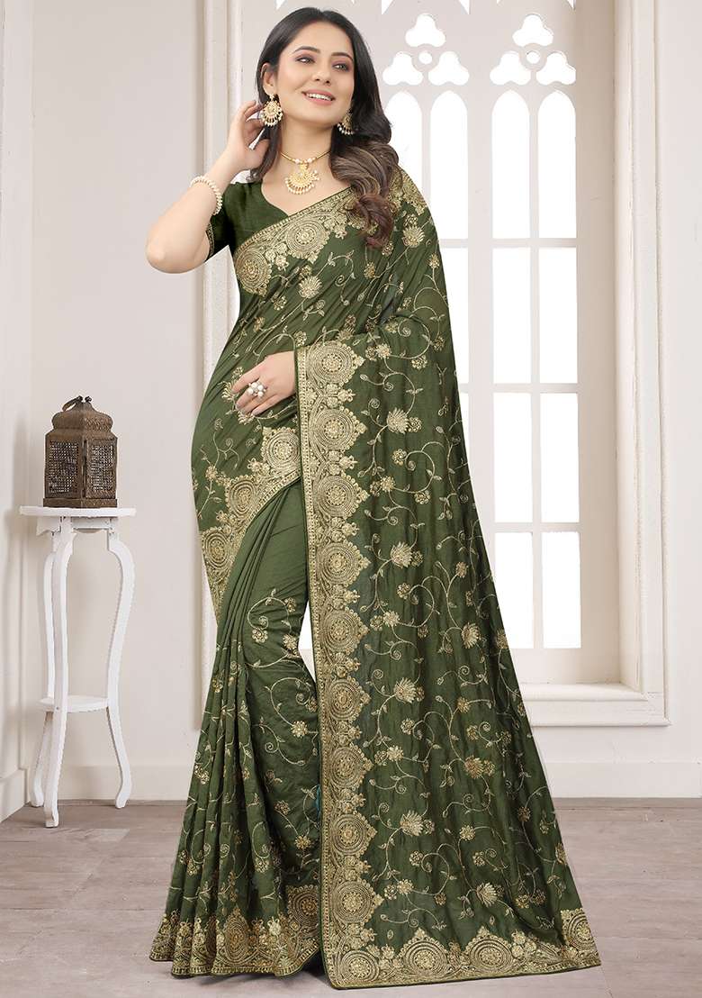 Mehendi Silk Blend Saree with Embroidery for Diwali | Wedding & Festive Wear - Indya