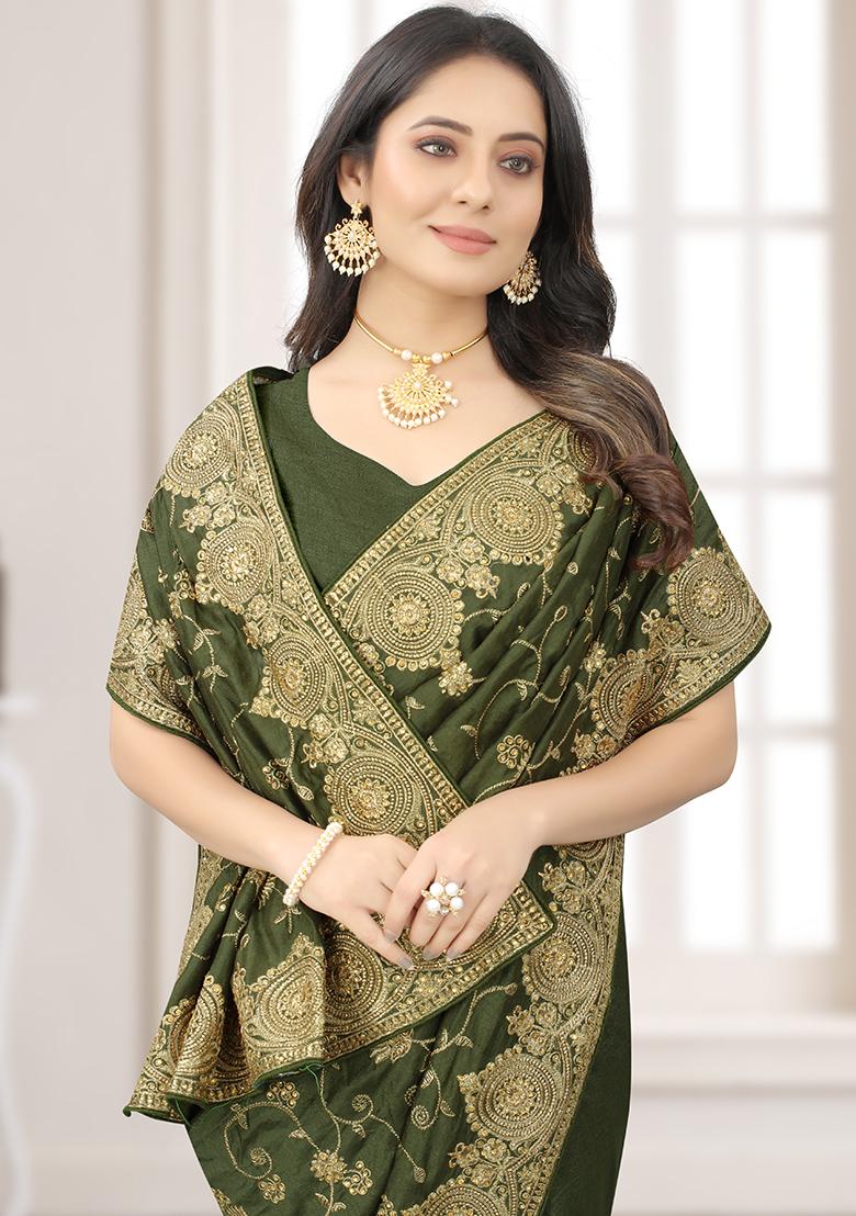 Mehendi Embroidery Silk Saree - Indya