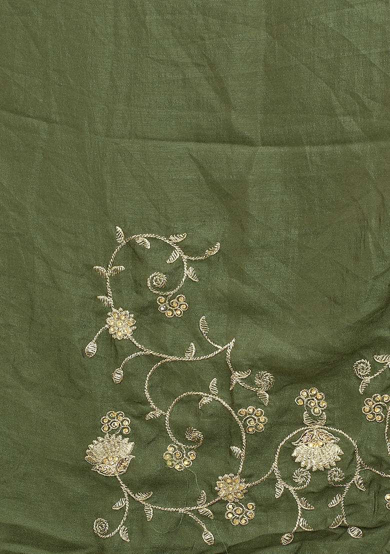 Mehendi Silk Blend Saree with Embroidery for Diwali | Wedding & Festive Wear - Indya