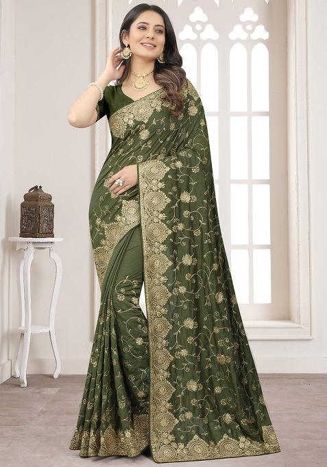 Mehendi Embroidery Silk Saree