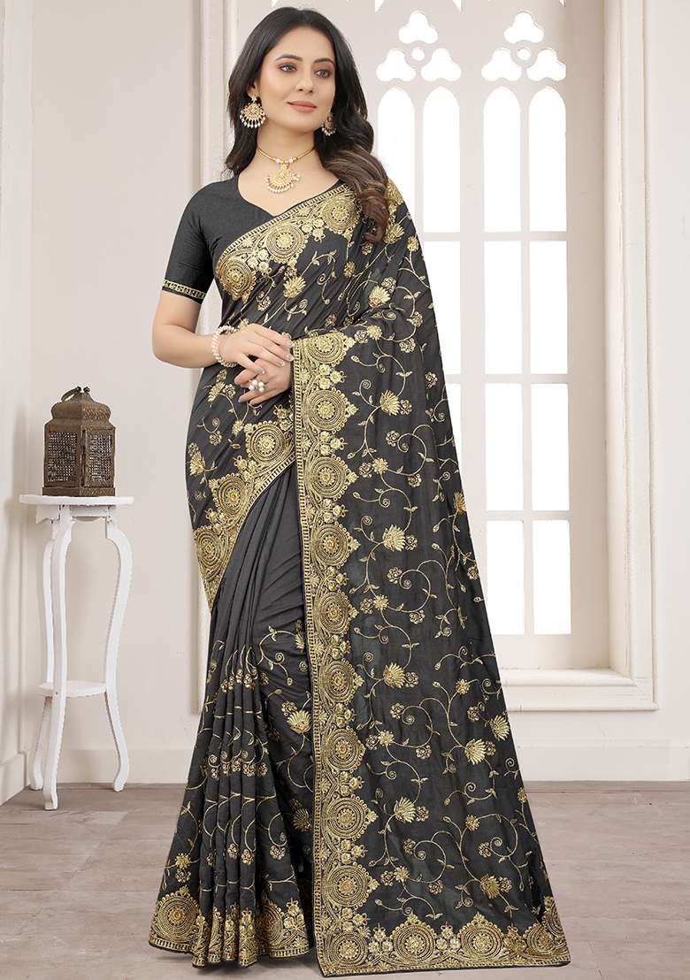 Grey Embroidery Silk Blend Saree for Diwali and Festive Wear - Indya